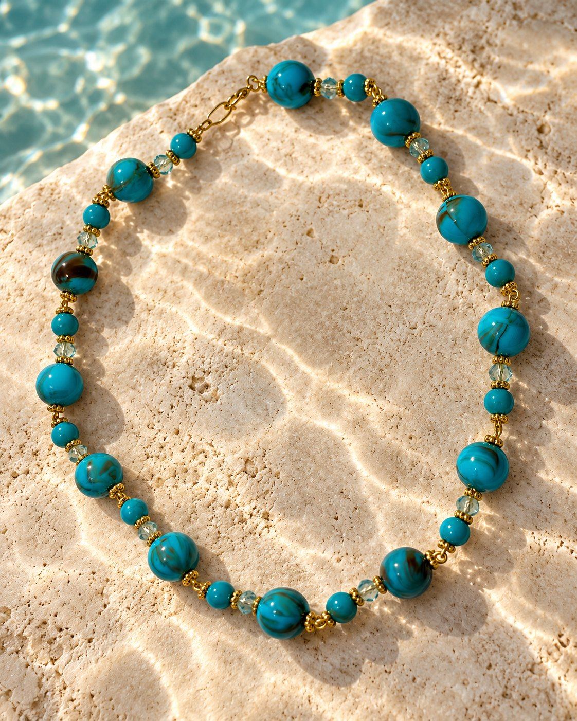 Anuket necklace laid on sunlit travertine: turquoise-blue beads, some veined with brown, between small faceted pale-aqua beads and gold-tone spacers.