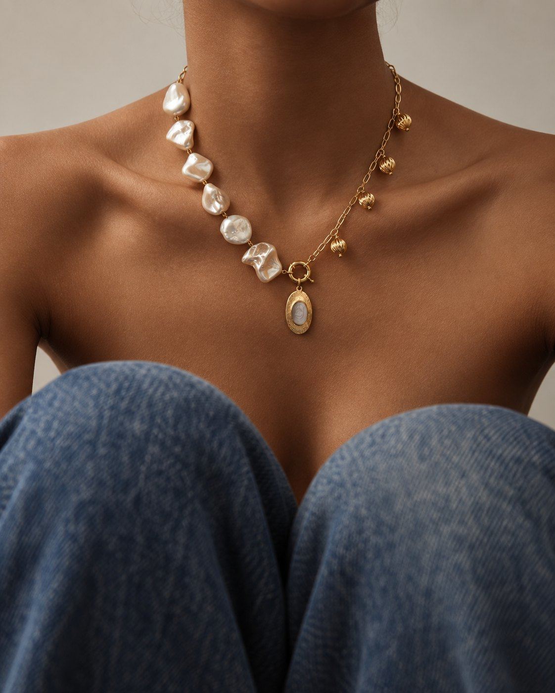Leukothea necklace worn on bare skin: white baroque pearls on one side, a gold-tone chain with fluted beads on the other, meeting at an oval medallion.