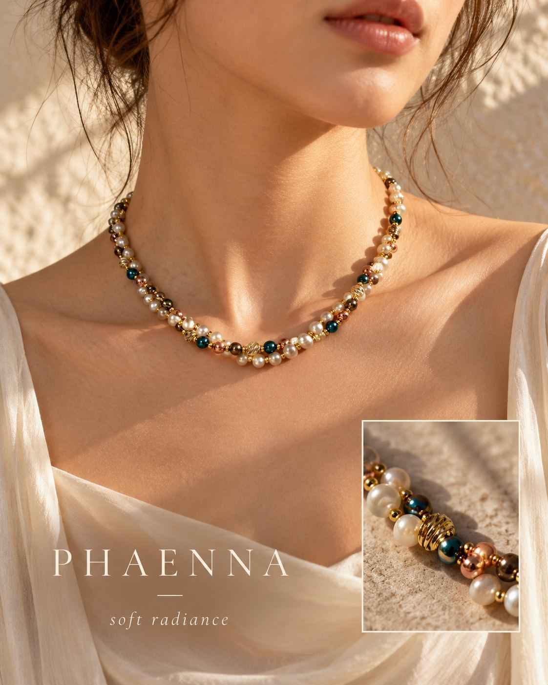 Phaenna necklace worn with an ivory silk top, with a close-up inset and the words PHAENNA, soft radiance.