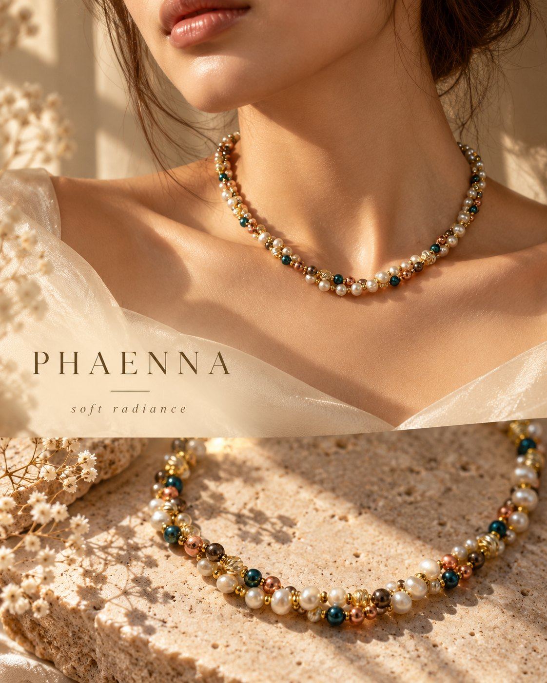 Phaenna necklace worn, above a close-up of the piece on stone among small white flowers, with the words PHAENNA, soft radiance.